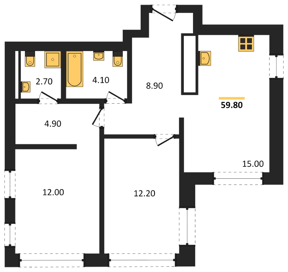 Планировка: 2-комн., 59,8 м²