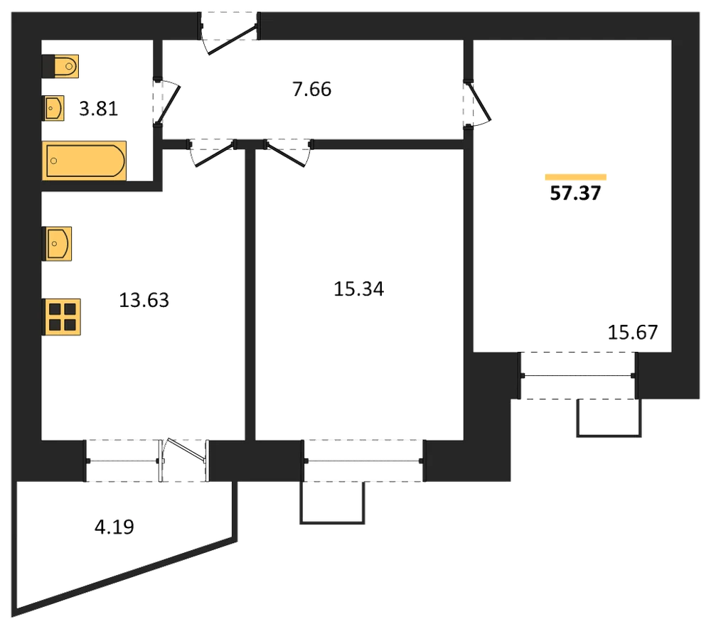 Планировка: 2-комн., 57,4 м²