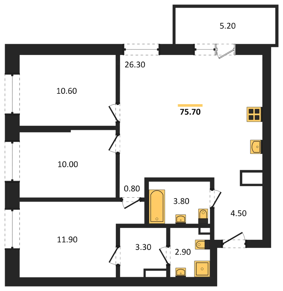 Планировка: 3-комн., 75,7 м²