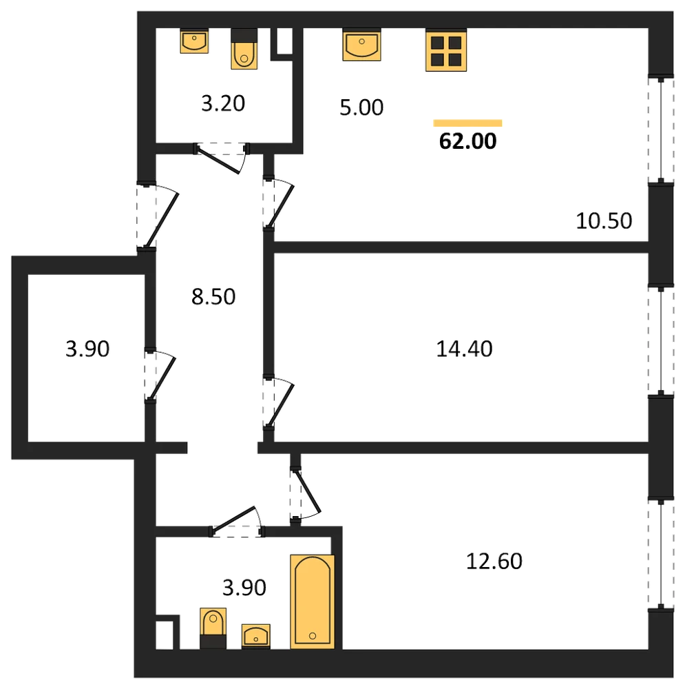 Планировка: 2-комн., 62 м²