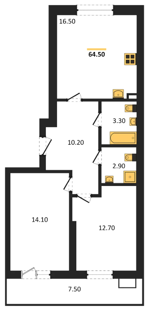 Планировка: 2-комн., 64,5 м²