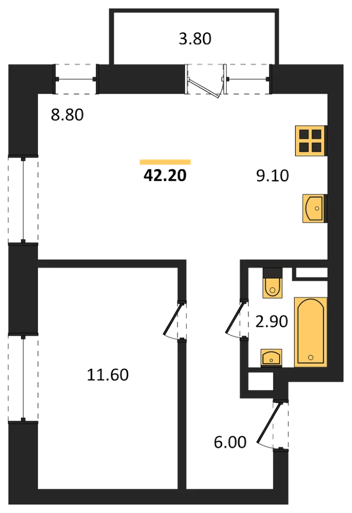 Планировка: 1-комн., 39,5 м²