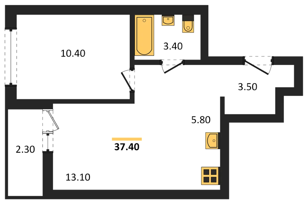 Планировка: 1-комн., 37,4 м²