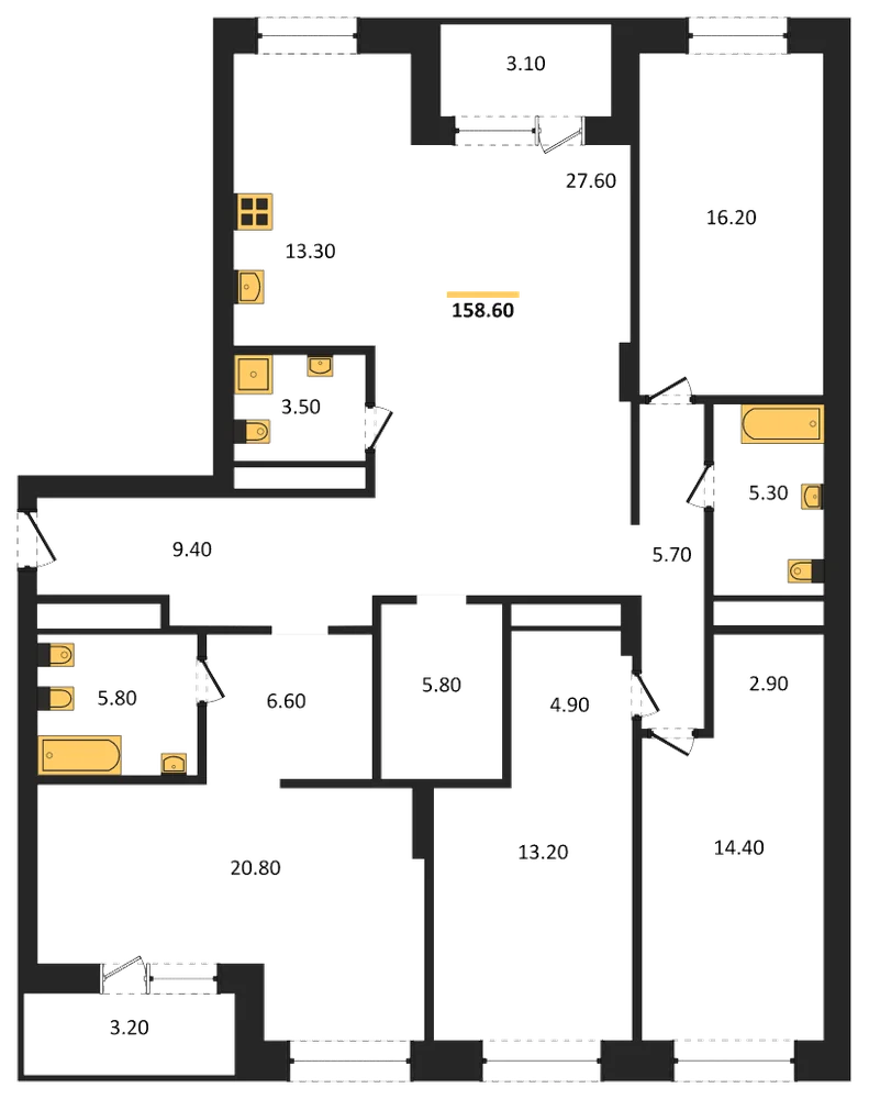 Планировка: 5+ комн., 158,6 м²