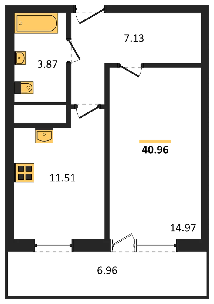 Планировка: 1-комн., 41 м²