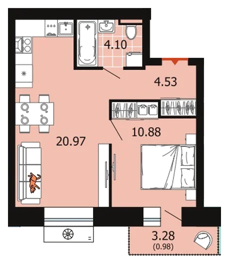 Планировка: 1-комн., 41,5 м²