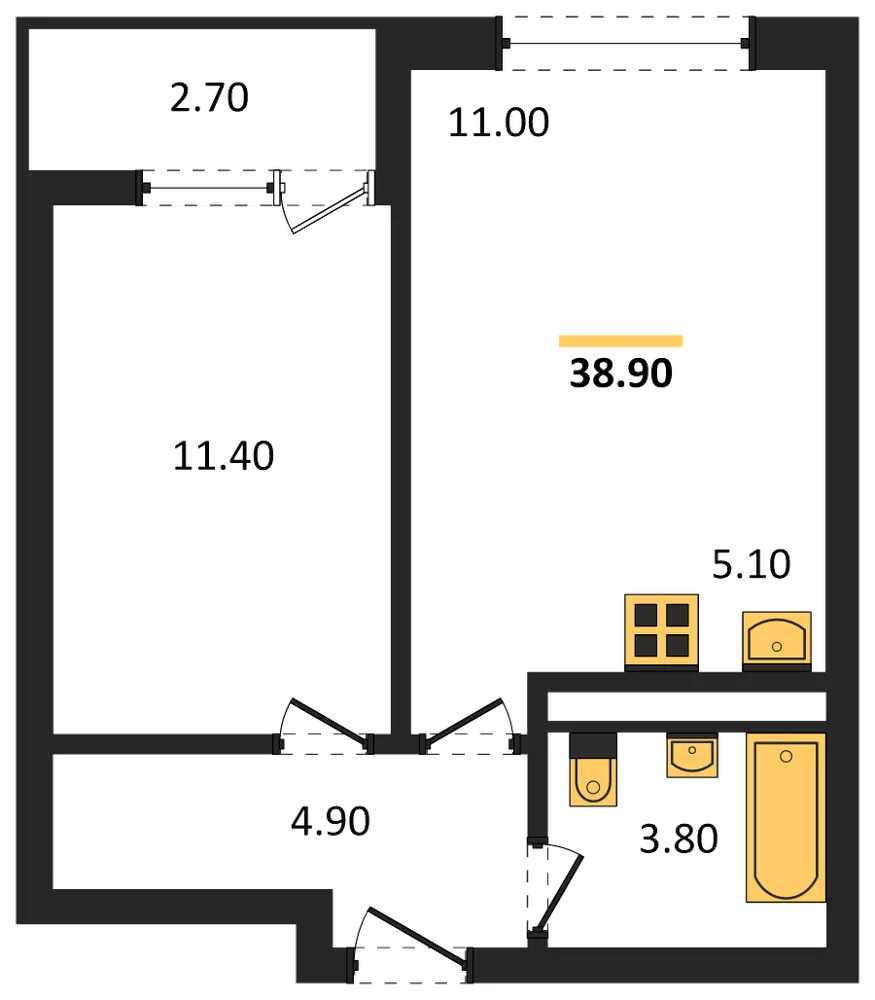 Планировка: 1-комн., 38,9 м²