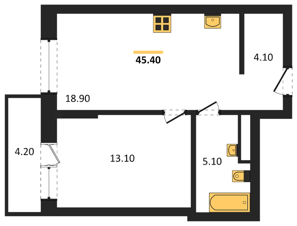 Планировка: 1-комн., 42,5 м²