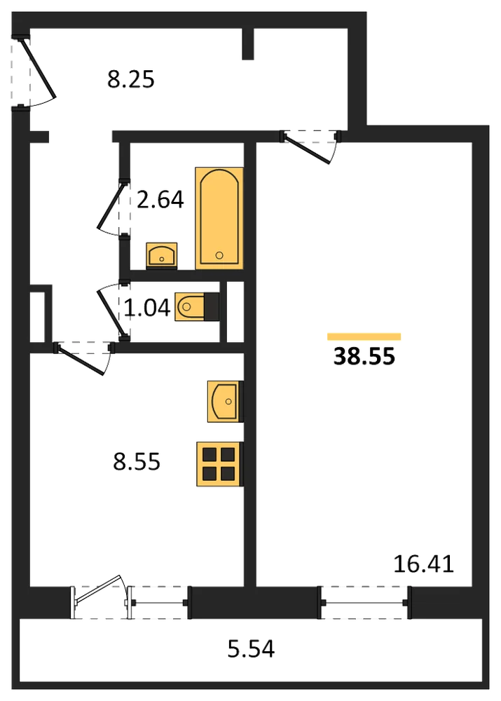 Планировка: 1-комн., 38,6 м²