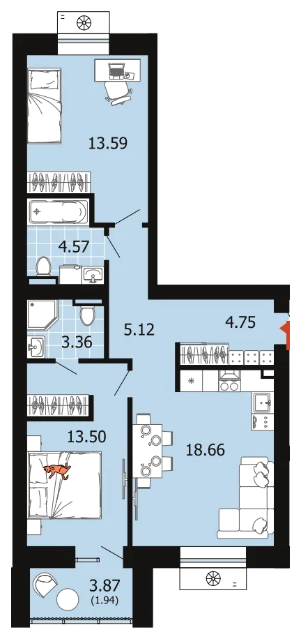Планировка: 2-комн., 65,5 м²