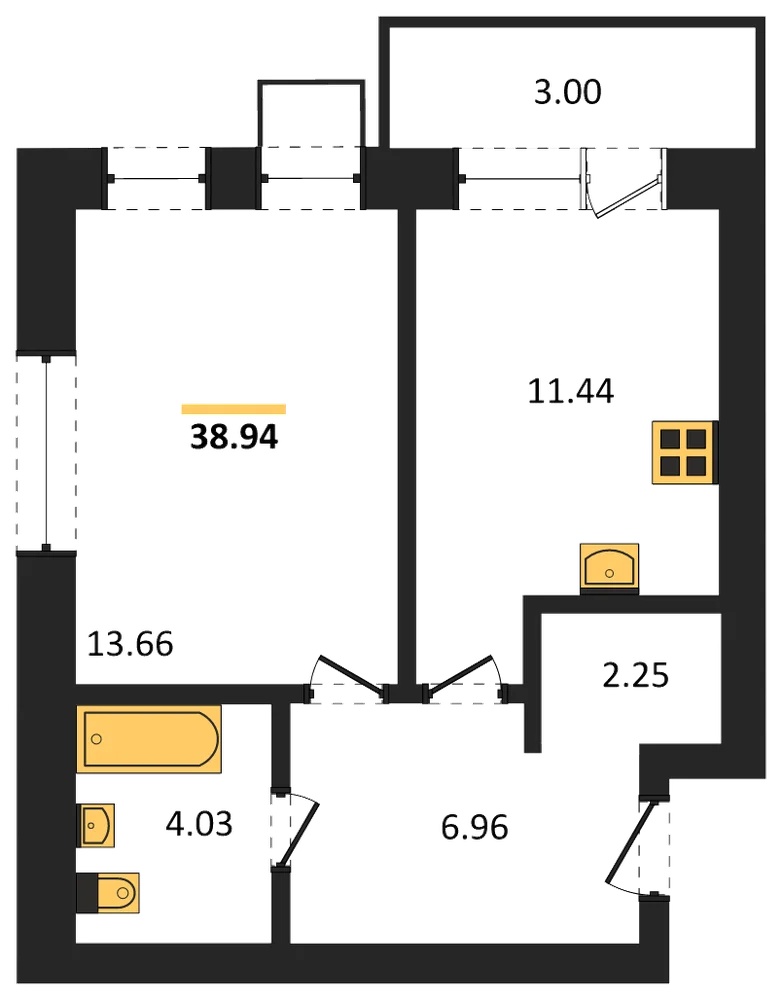 Планировка: 1-комн., 39,9 м²