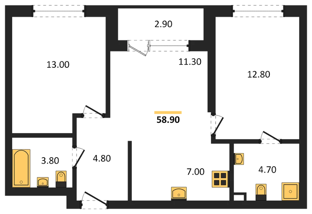 Планировка: 2-комн., 58,9 м²