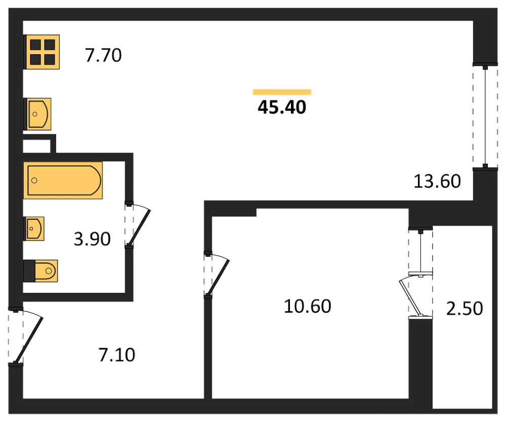 Планировка: 1-комн., 45,4 м²