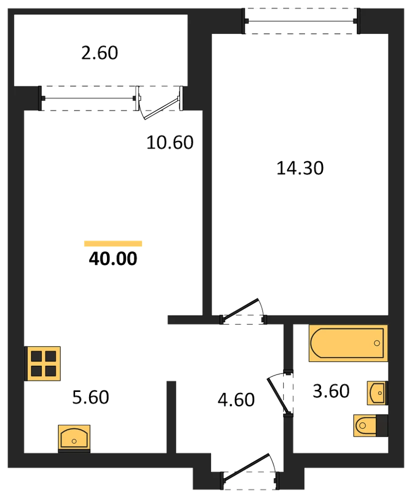 Планировка: 1-комн., 40 м²