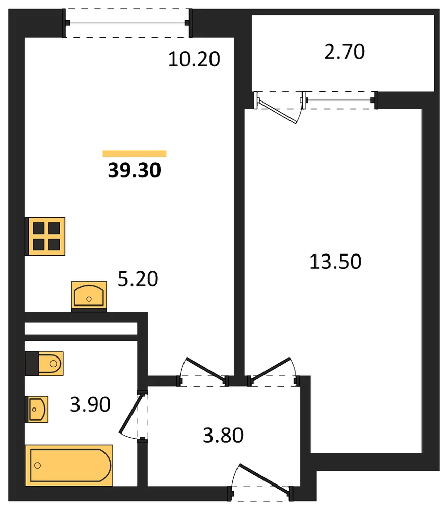 Планировка: 1-комн., 39,3 м²