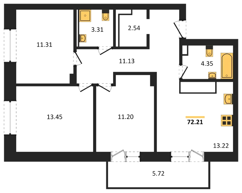 Планировка: 3-комн., 72,2 м²