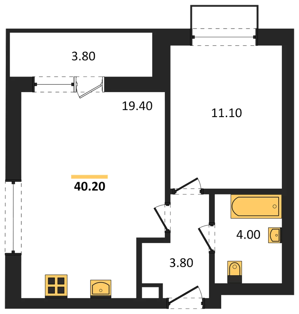 Планировка: 1-комн., 40,2 м²