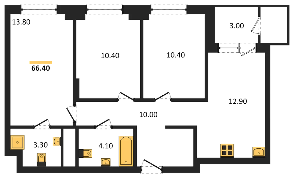 Планировка: 3-комн., 66,4 м²