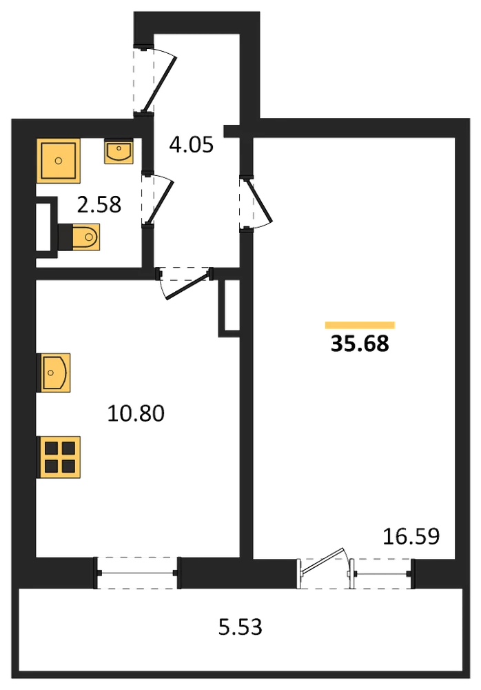 Планировка: 1-комн., 35,7 м²