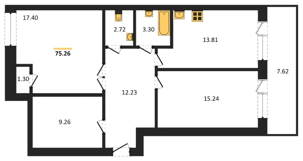Планировка: 2-комн., 75,3 м²