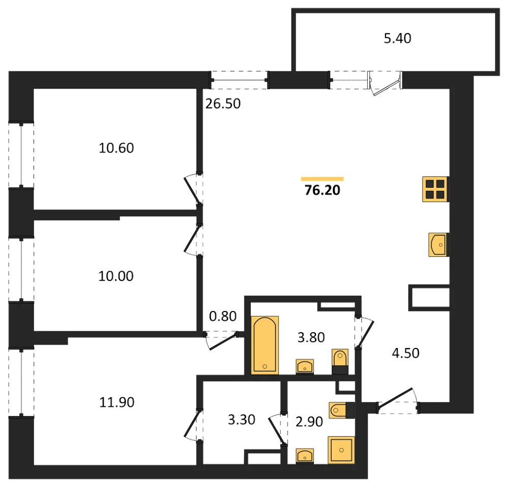 Планировка: 3-комн., 76,2 м²