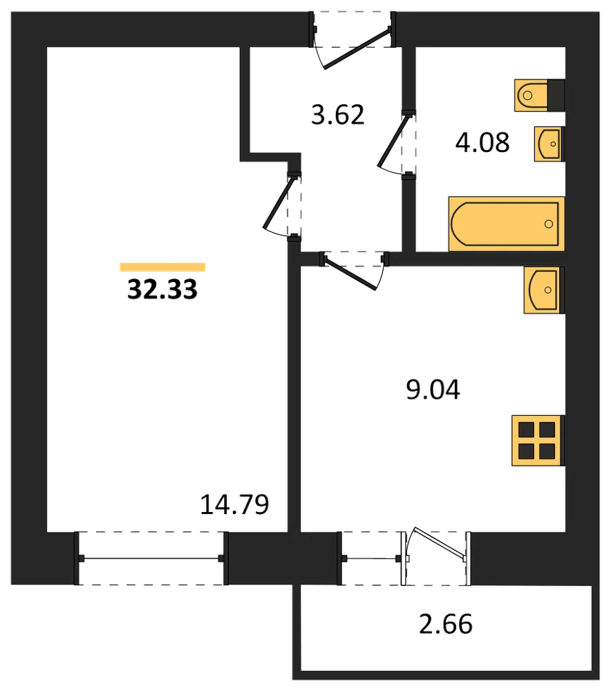 Планировка: 1-комн., 32,3 м²