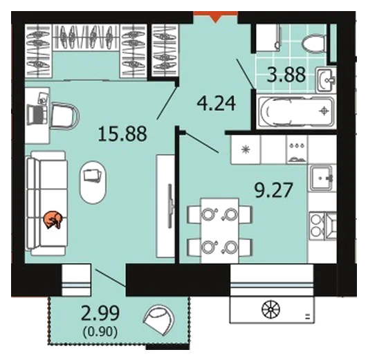 Планировка: 1-комн., 34,2 м²