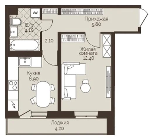 Планировка: 1-комн., 35,4 м²