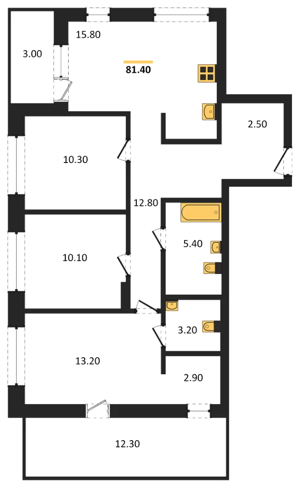 Планировка: 3-комн., 81,4 м²