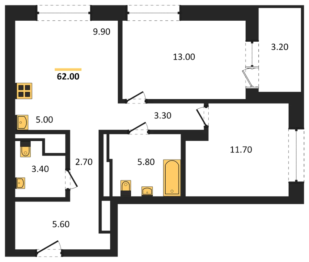 Планировка: 3-комн., 62 м²