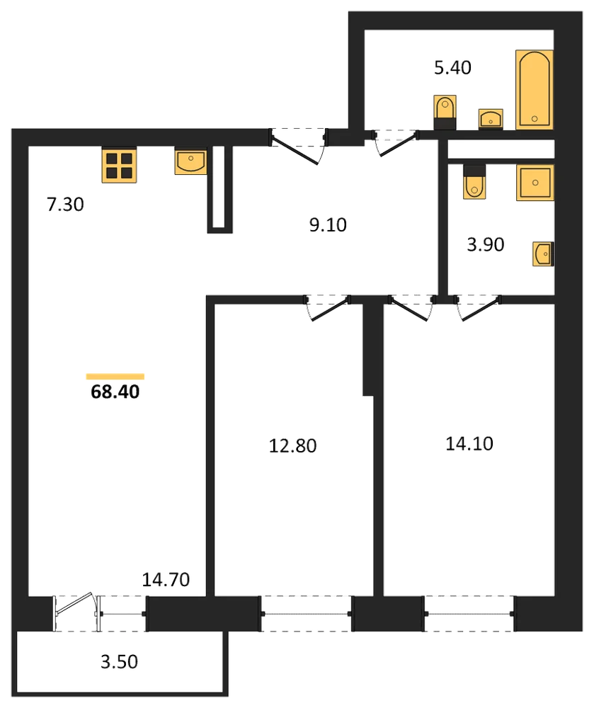 Планировка: 2-комн., 68,4 м²
