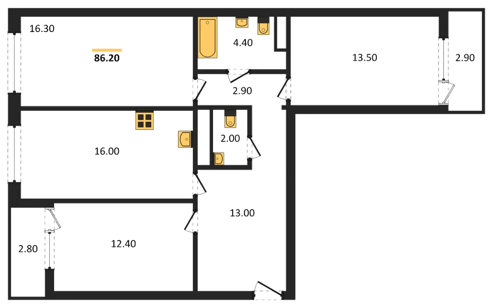Планировка: 3-комн., 86,2 м²