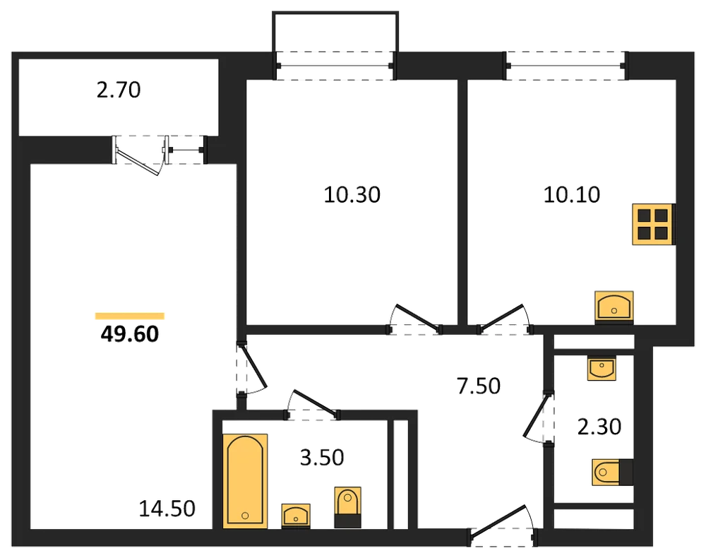 Планировка: 2-комн., 49,6 м²