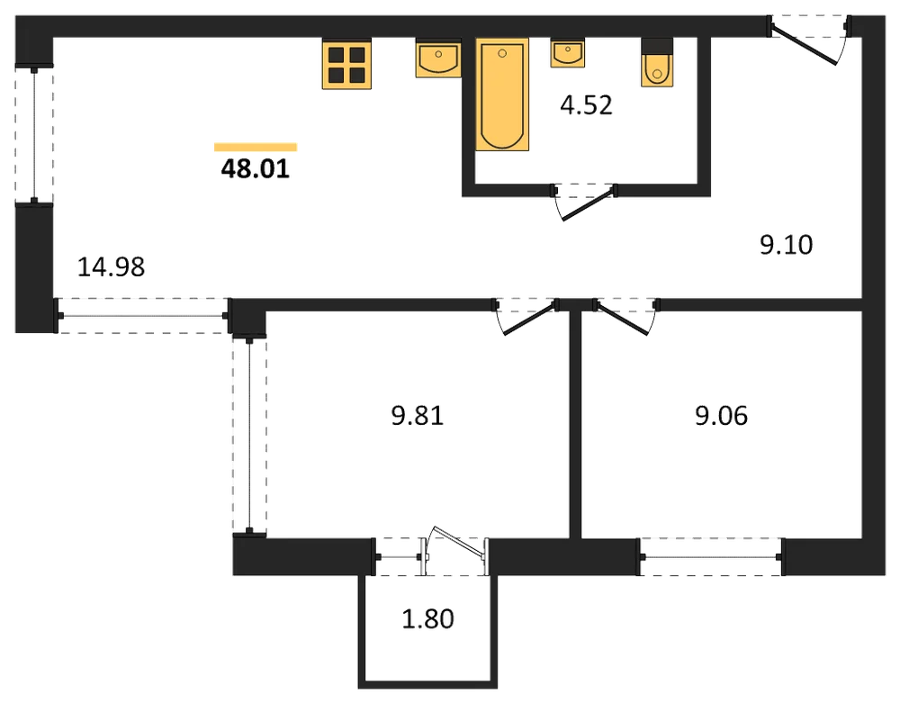 Планировка: 2-комн., 47,6 м²