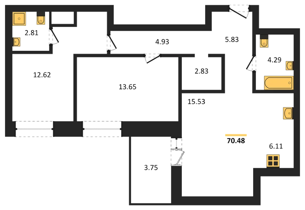 Планировка: 2-комн., 70,5 м²