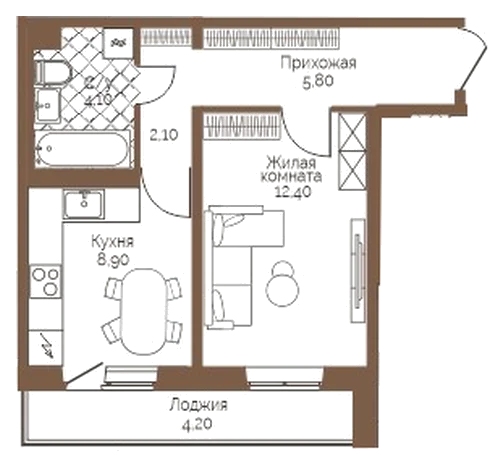 Планировка: 1-комн., 35,4 м²