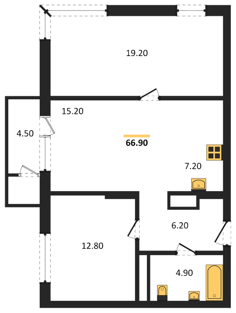 Планировка: 2-комн., 66,9 м²