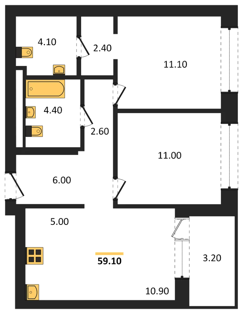 Планировка: 2-комн., 59,1 м²
