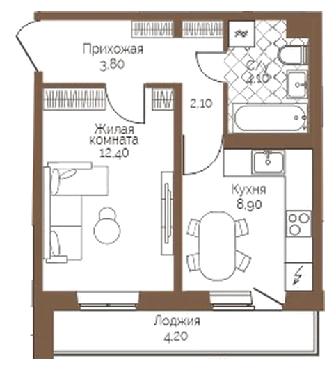 Планировка: 1-комн., 33,4 м²