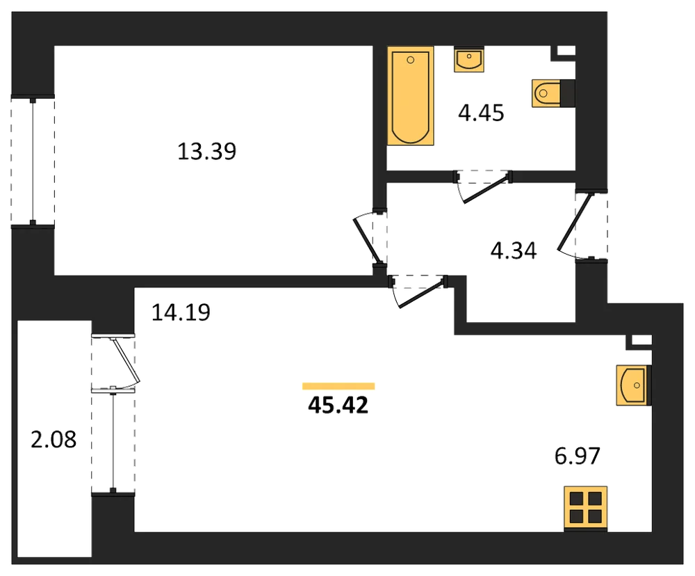 Планировка: 1-комн., 45,4 м²