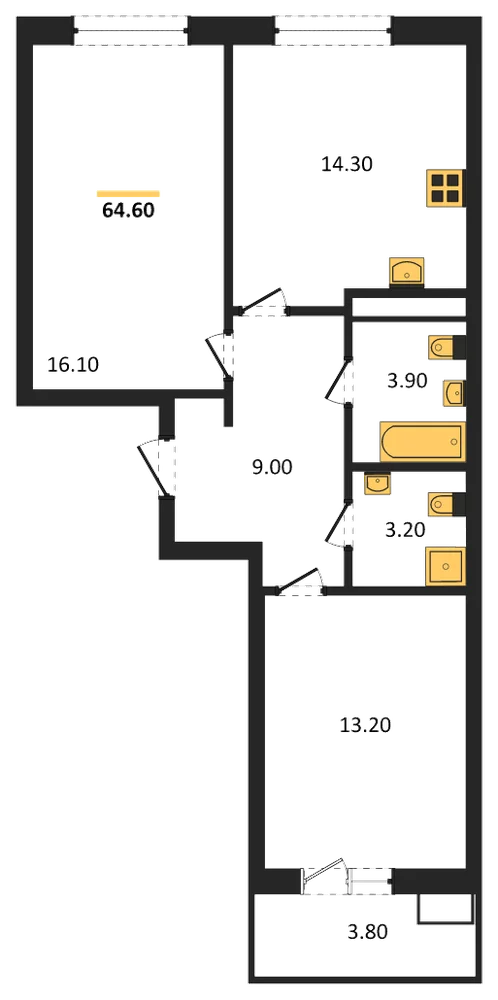Планировка: 2-комн., 61,6 м²