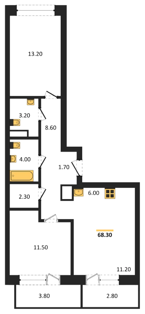 Планировка: 2-комн., 68,3 м²