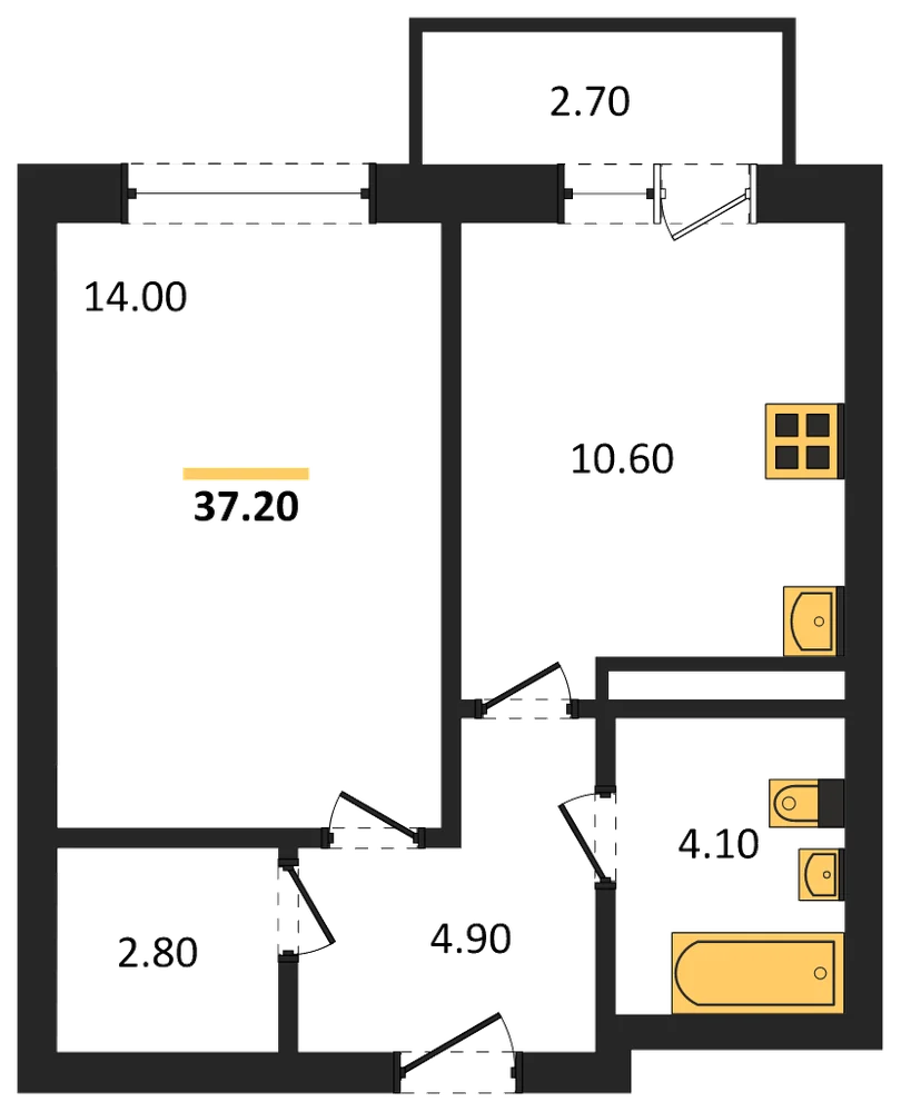 Планировка: 1-комн., 37,2 м²