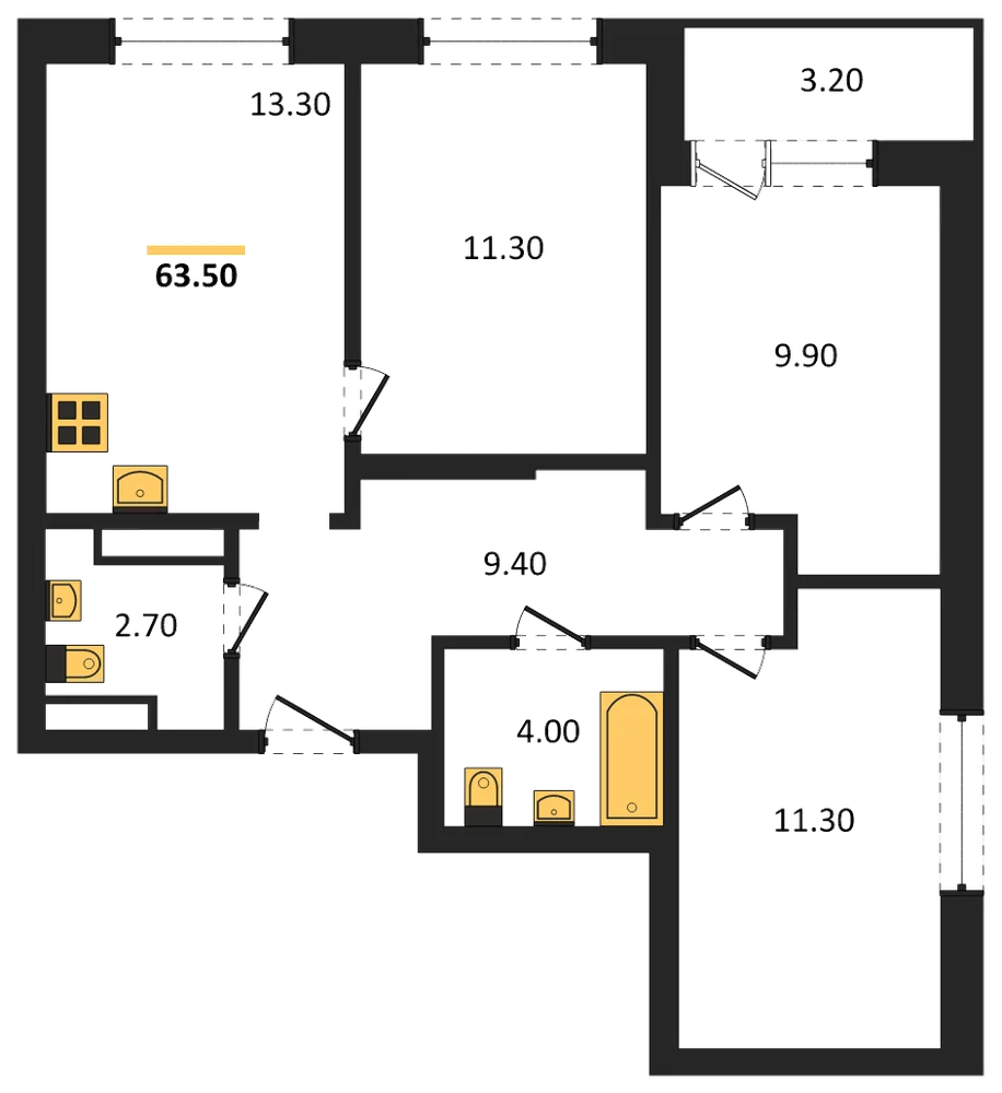 Планировка: 3-комн., 63,5 м²