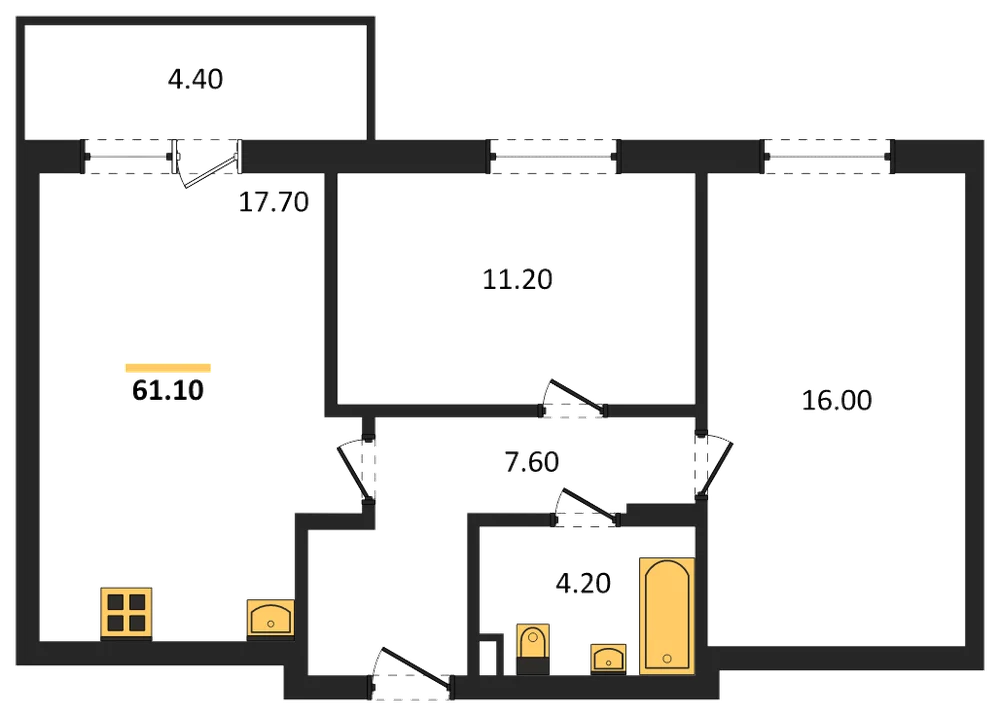 Планировка: 2-комн., 61,1 м²
