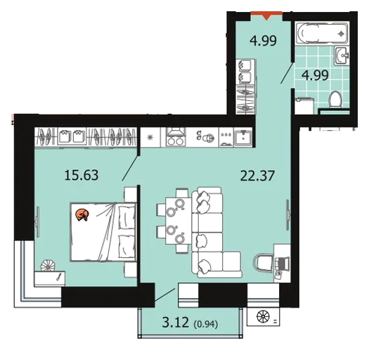 Планировка: 1-комн., 48,9 м²
