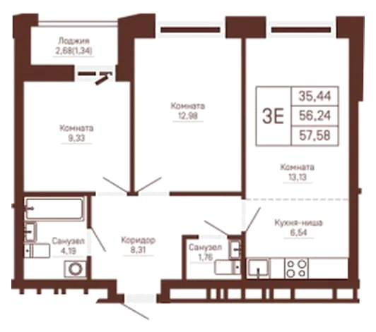 Планировка: 2-комн., 57,6 м²