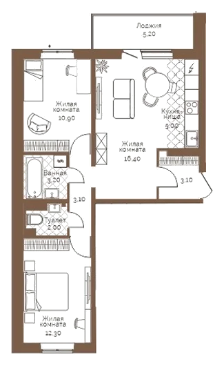 Планировка: 2-комн., 58,6 м²