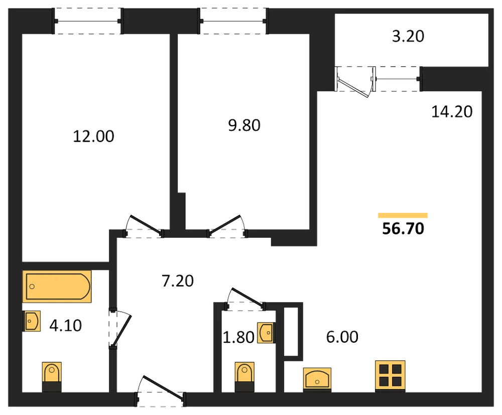 Планировка: 2-комн., 54,4 м²