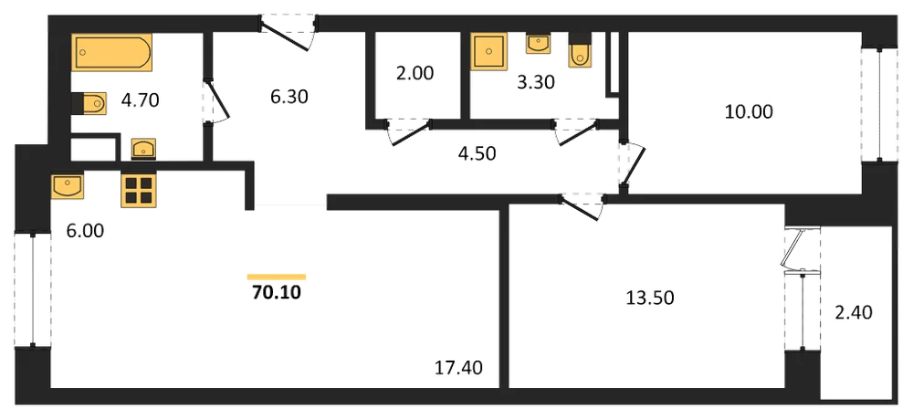 Планировка: 2-комн., 70,1 м²